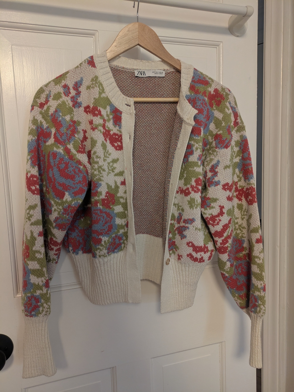 Zara Cream Floral Knit Cardigan with Red, Blue & Green Pattern